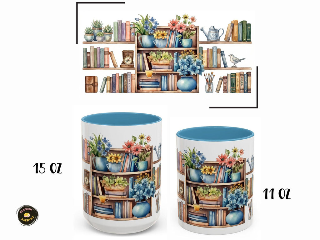 Floral Bookshelf Watercolor Mug, Cozy Reader Gift, Book Lover Ceramic Cup