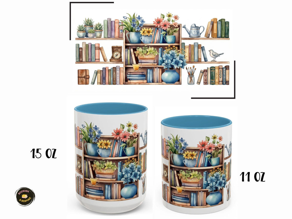 Floral Bookshelf Watercolor Mug, Cozy Reader Gift, Book Lover Ceramic Cup