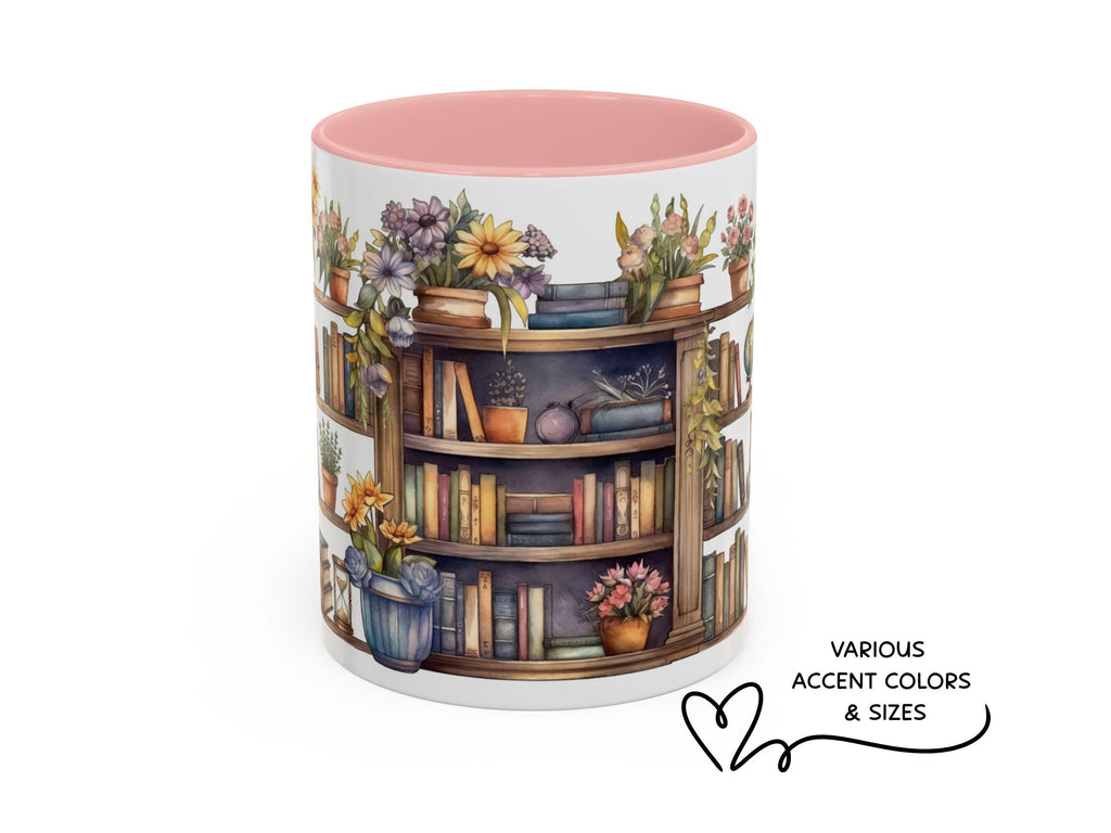 Watercolor Bookshelf Mug, Floral Reading Nook Ceramic Cup, Book Lover Gift