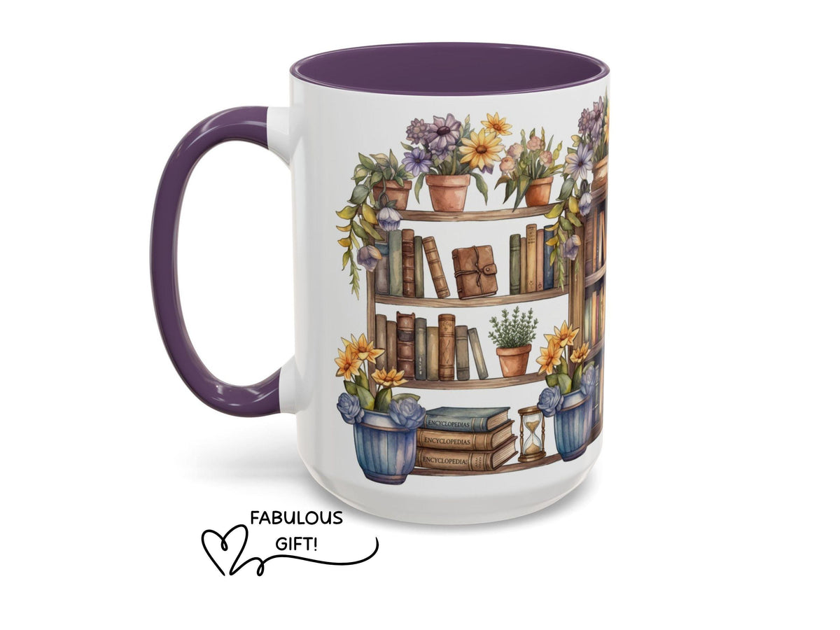 Watercolor Bookshelf Mug, Floral Reading Nook Ceramic Cup, Book Lover Gift
