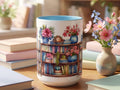 Floral Bookshelf Watercolor Mug, Colorful Reader Gift, Cozy Reading Ceramic Cup