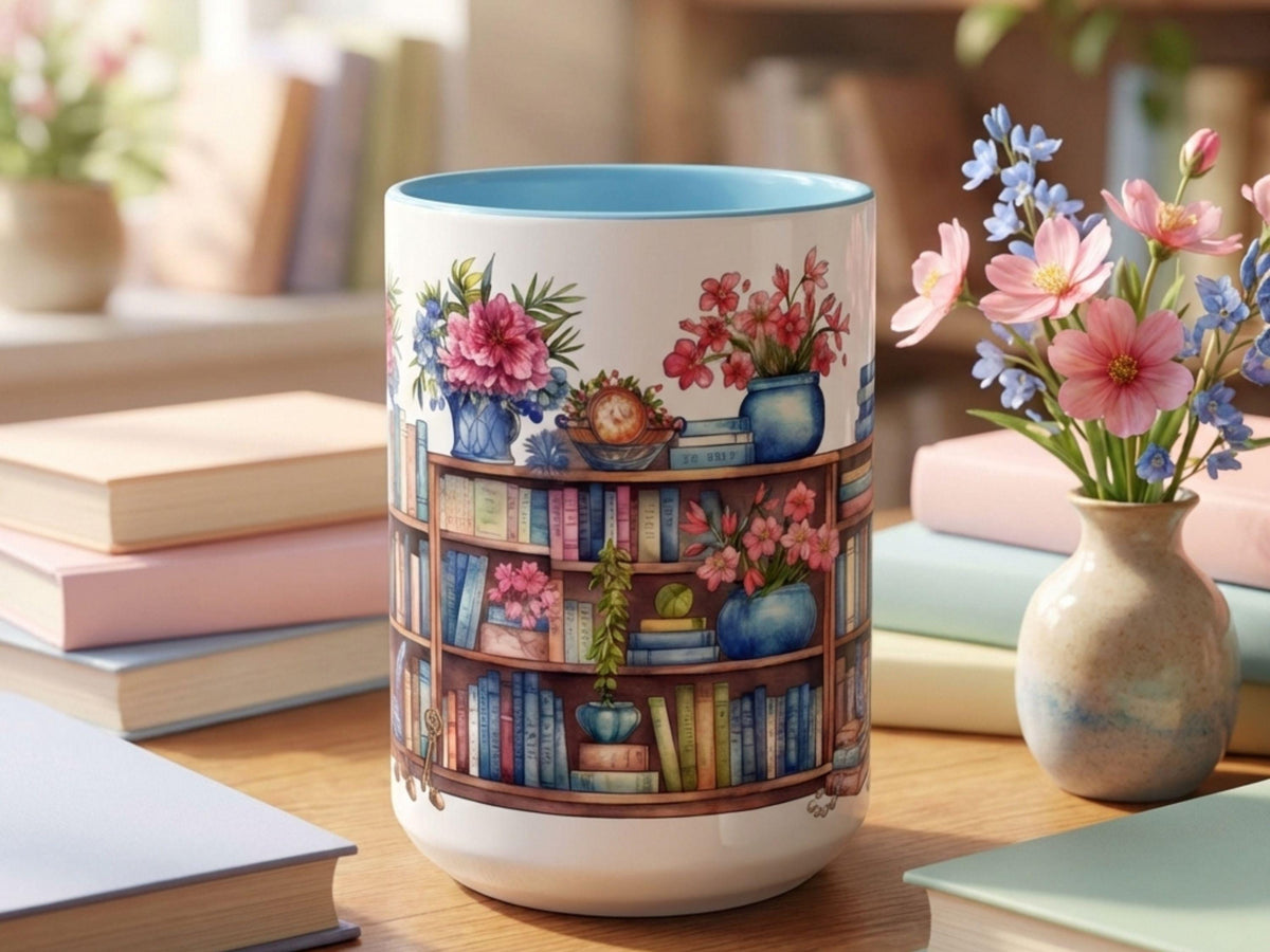Floral Bookshelf Watercolor Mug, Colorful Reader Gift, Cozy Reading Ceramic Cup