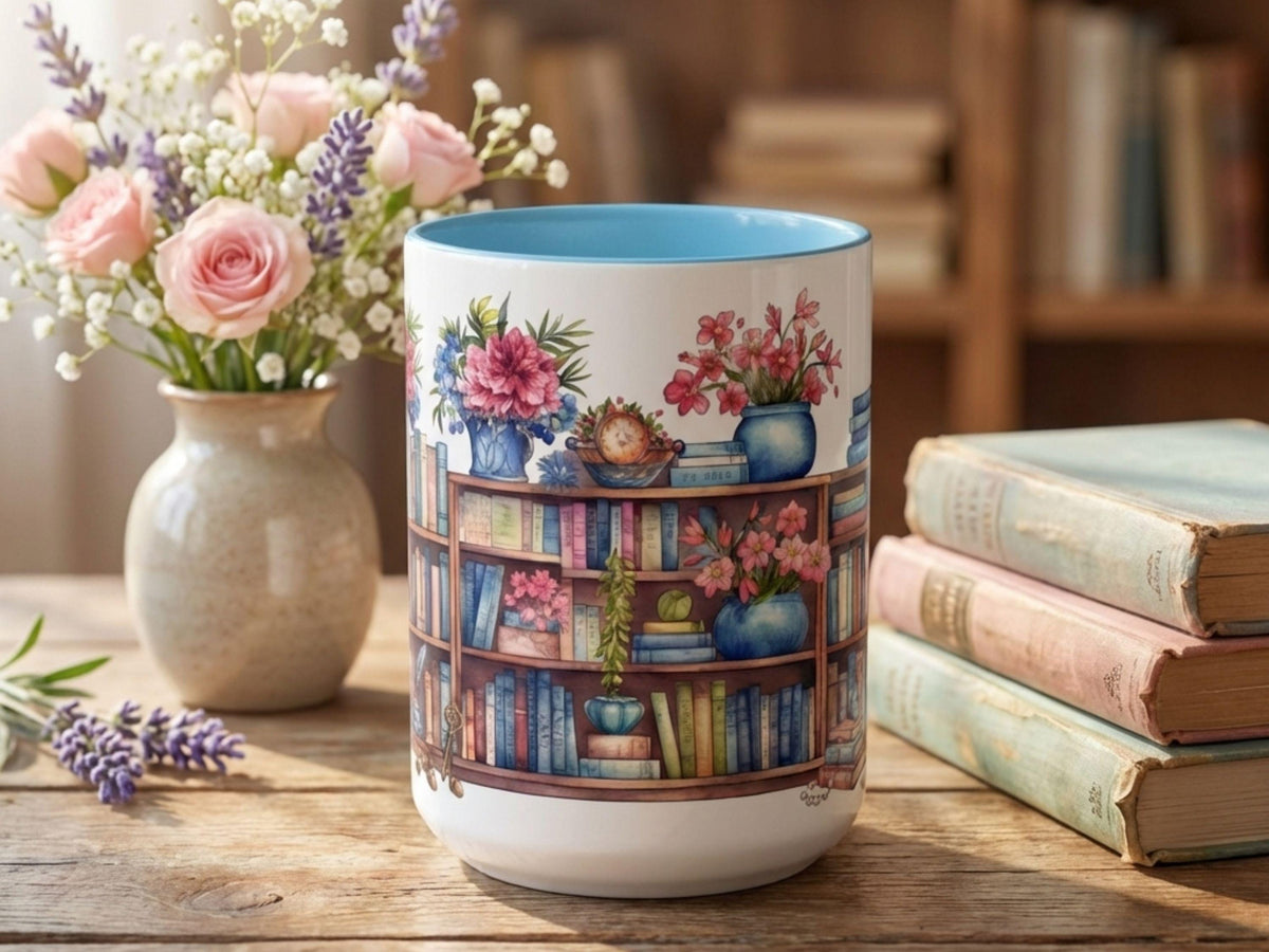 Floral Bookshelf Watercolor Mug, Colorful Reader Gift, Cozy Reading Ceramic Cup