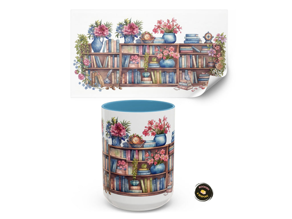 Floral Bookshelf Watercolor Mug, Colorful Reader Gift, Cozy Reading Ceramic Cup