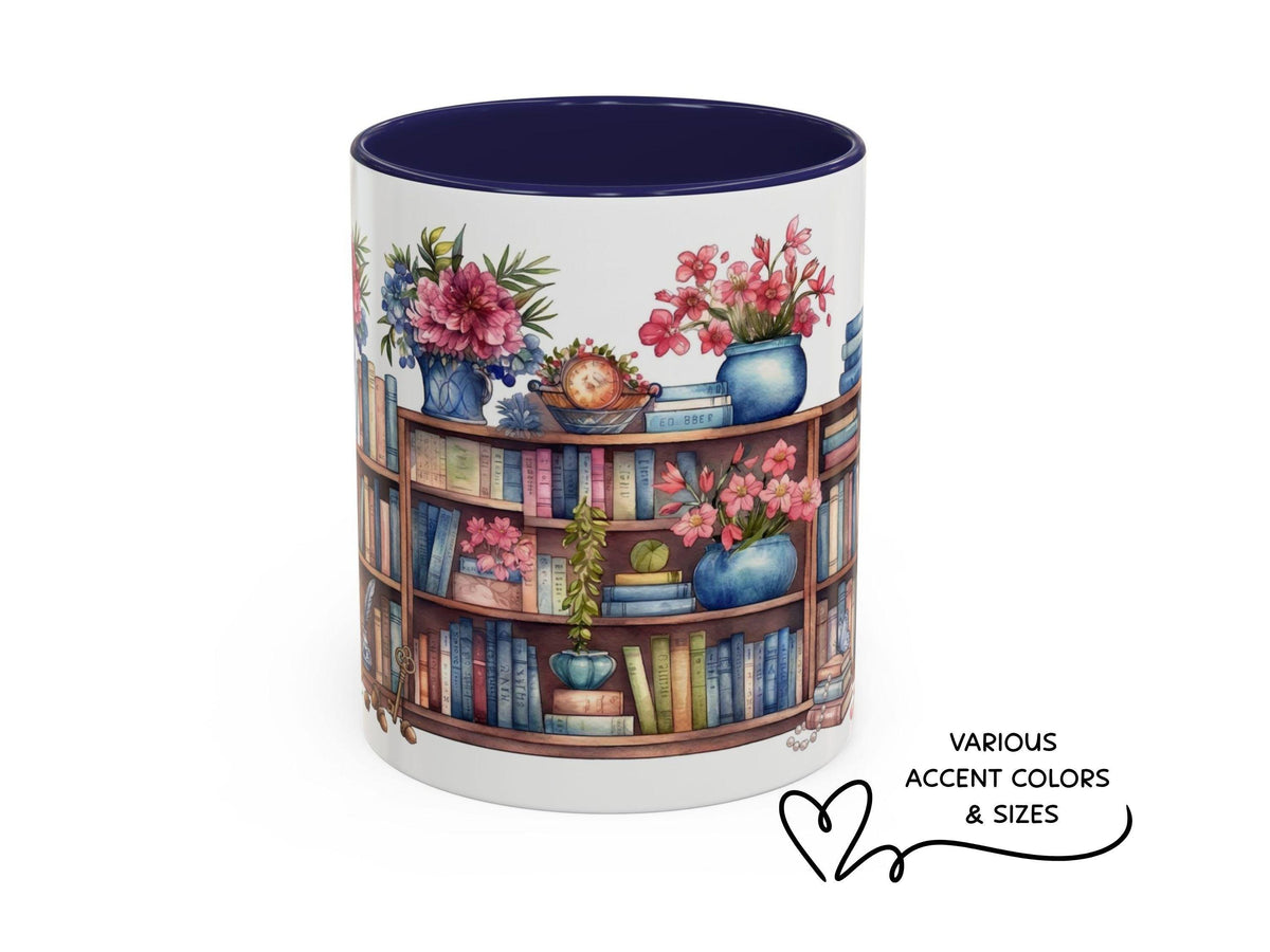 Floral Bookshelf Watercolor Mug, Colorful Reader Gift, Cozy Reading Ceramic Cup