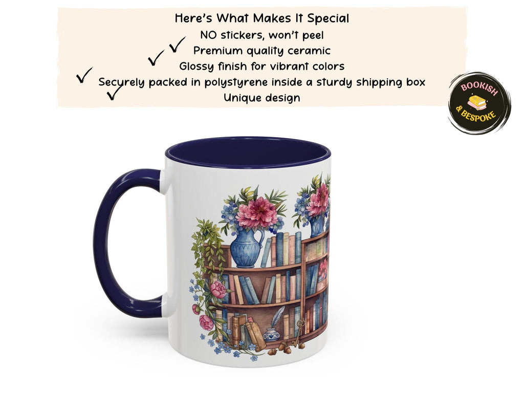Floral Bookshelf Watercolor Mug, Colorful Reader Gift, Cozy Reading Ceramic Cup