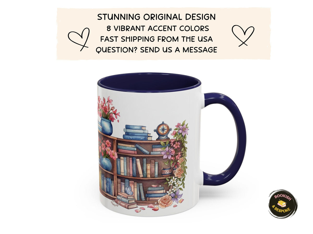 Floral Bookshelf Watercolor Mug, Colorful Reader Gift, Cozy Reading Ceramic Cup