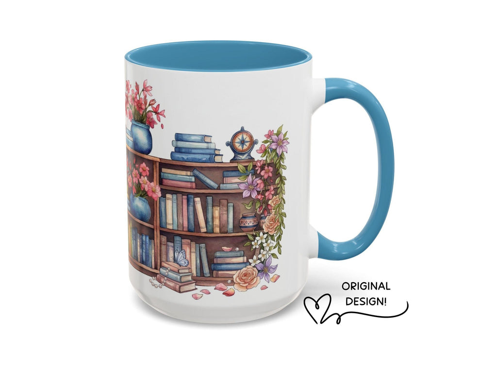 Floral Bookshelf Watercolor Mug, Colorful Reader Gift, Cozy Reading Ceramic Cup