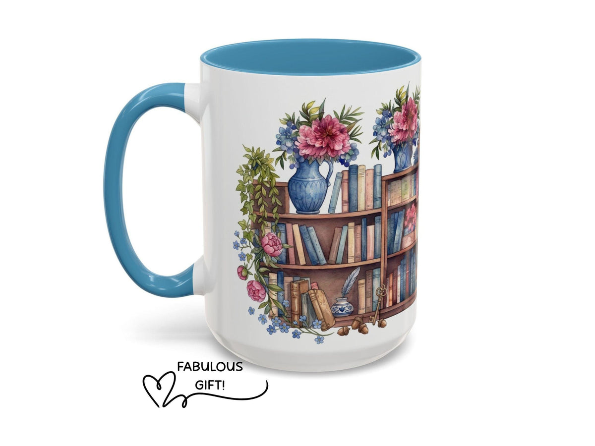 Floral Bookshelf Watercolor Mug, Colorful Reader Gift, Cozy Reading Ceramic Cup
