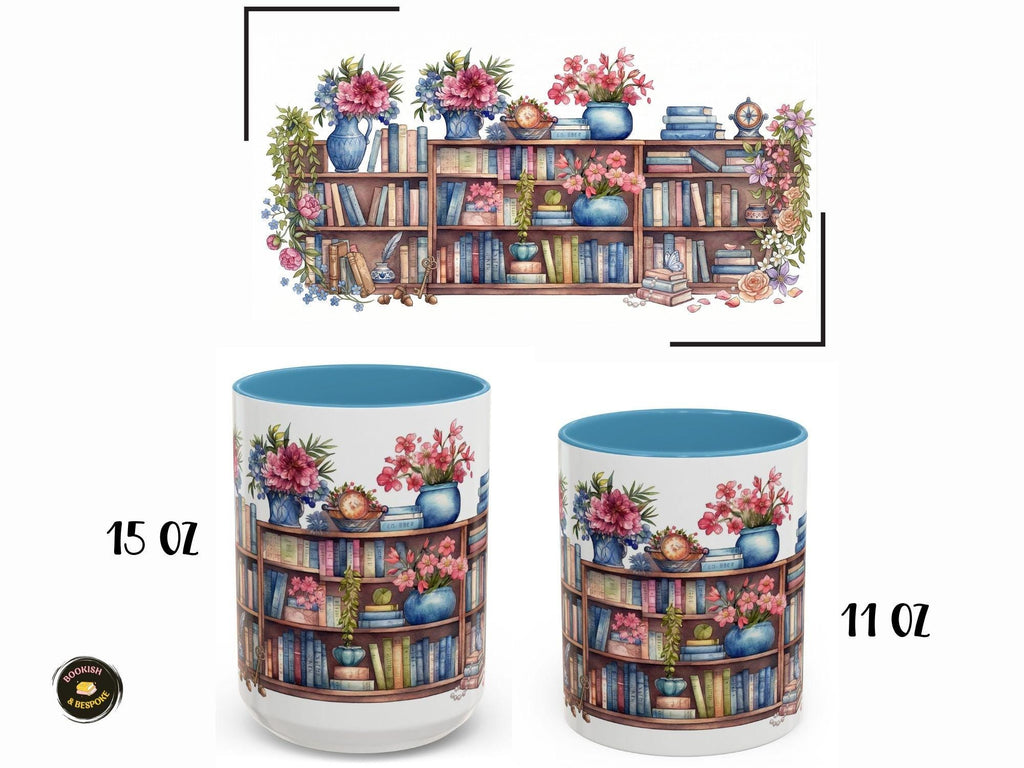 Floral Bookshelf Watercolor Mug, Colorful Reader Gift, Cozy Reading Ceramic Cup