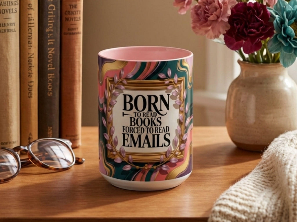 Funny Book Lover Mug, Born Books Forced Emails Coffee Cup, Bookish Humor Mug