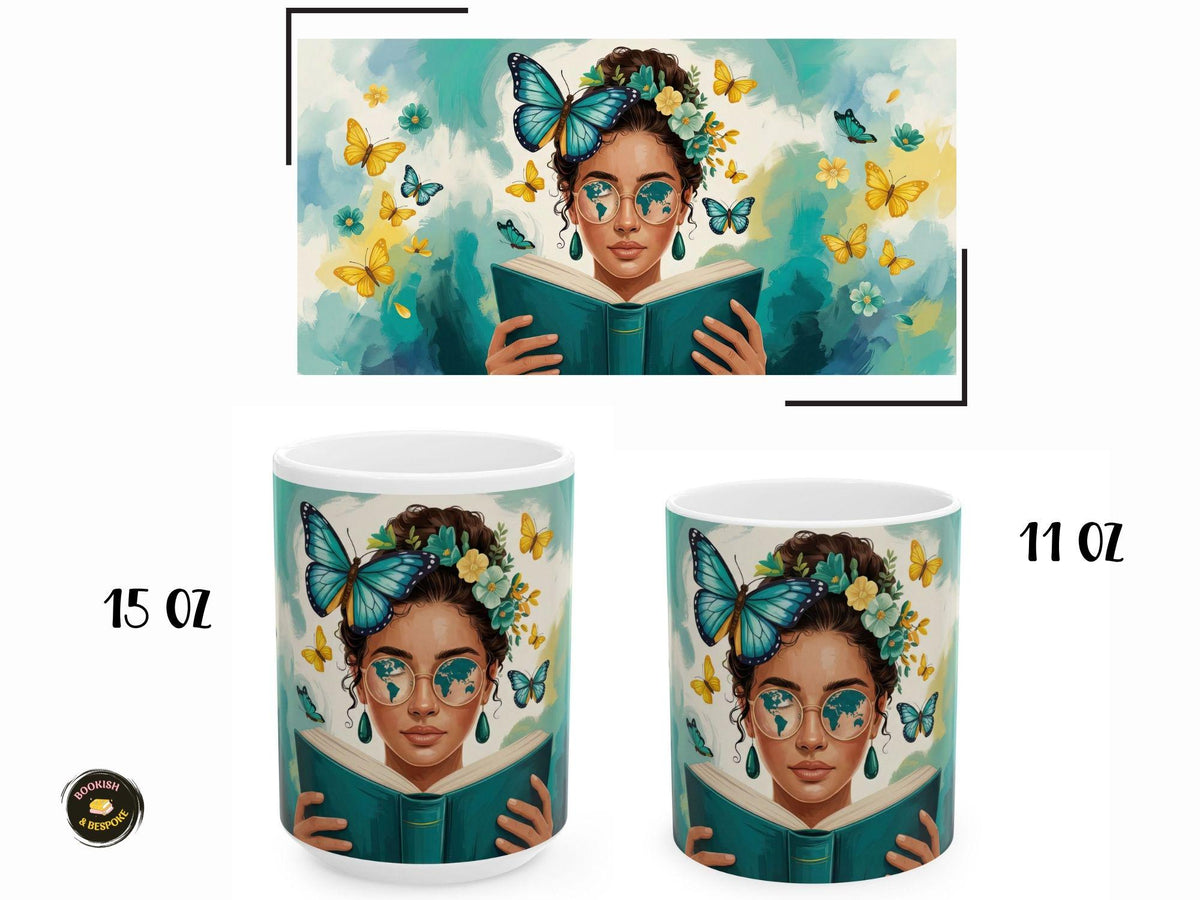 Travel Lover Mug, Bookish Gift for Student, Reader Mug, Wanderlust Gift, Book Lover Coffee Mug, Butterfly Reader Art Cup