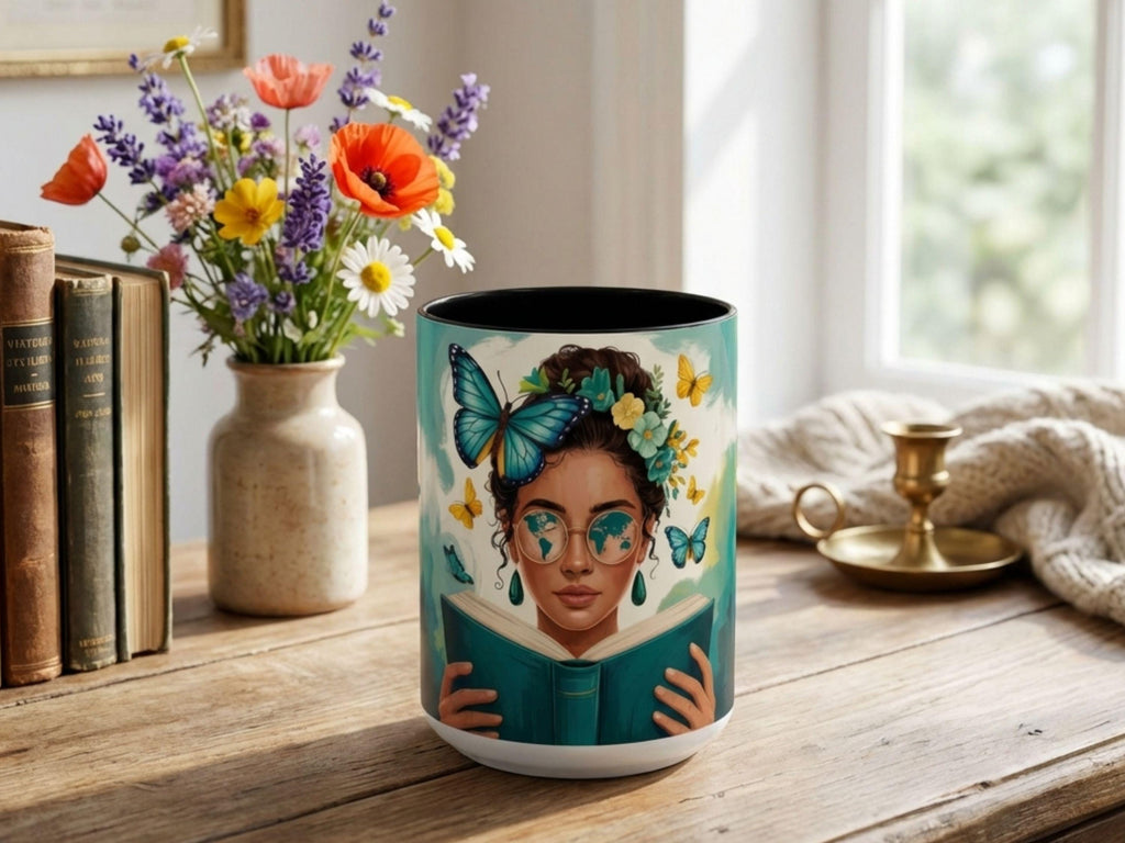 Travel Lover Mug, Bookish Gift for Student, Reader Mug, Wanderlust Gift, Book Lover Coffee Mug, Butterfly Reader Art Cup