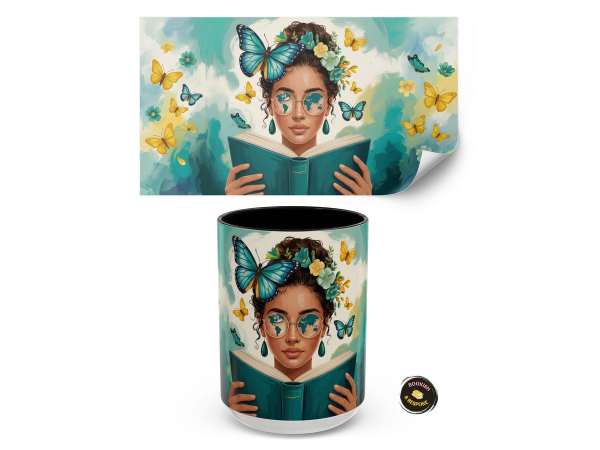 Travel Lover Mug, Bookish Gift for Student, Reader Mug, Wanderlust Gift, Book Lover Coffee Mug, Butterfly Reader Art Cup