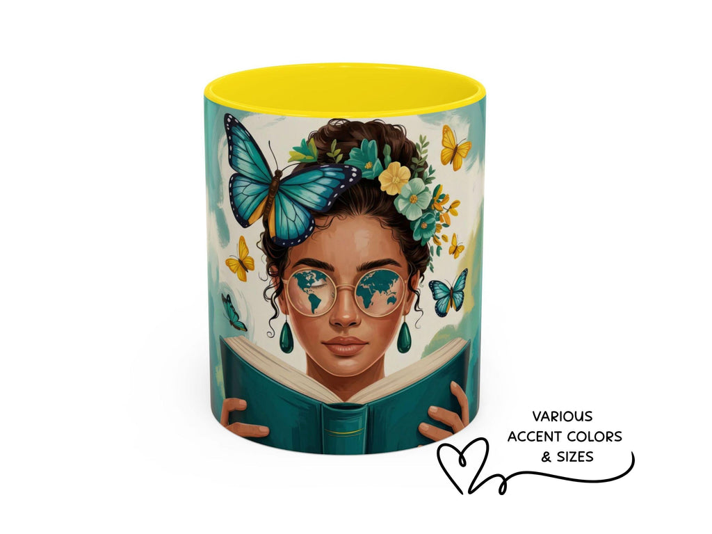 Travel Lover Mug, Bookish Gift for Student, Reader Mug, Wanderlust Gift, Book Lover Coffee Mug, Butterfly Reader Art Cup