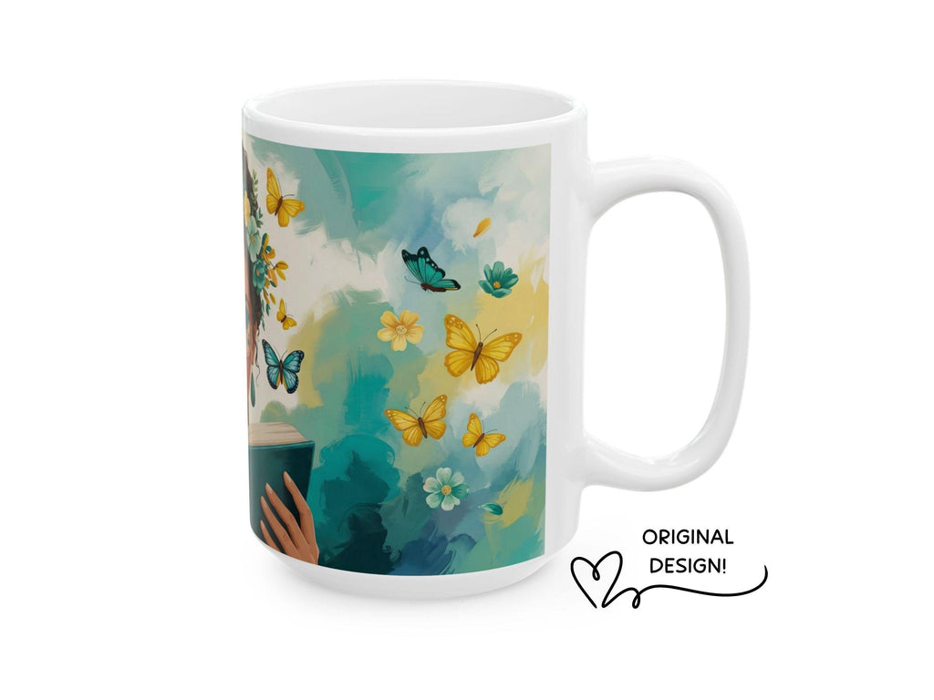Travel Lover Mug, Bookish Gift for Student, Reader Mug, Wanderlust Gift, Book Lover Coffee Mug, Butterfly Reader Art Cup