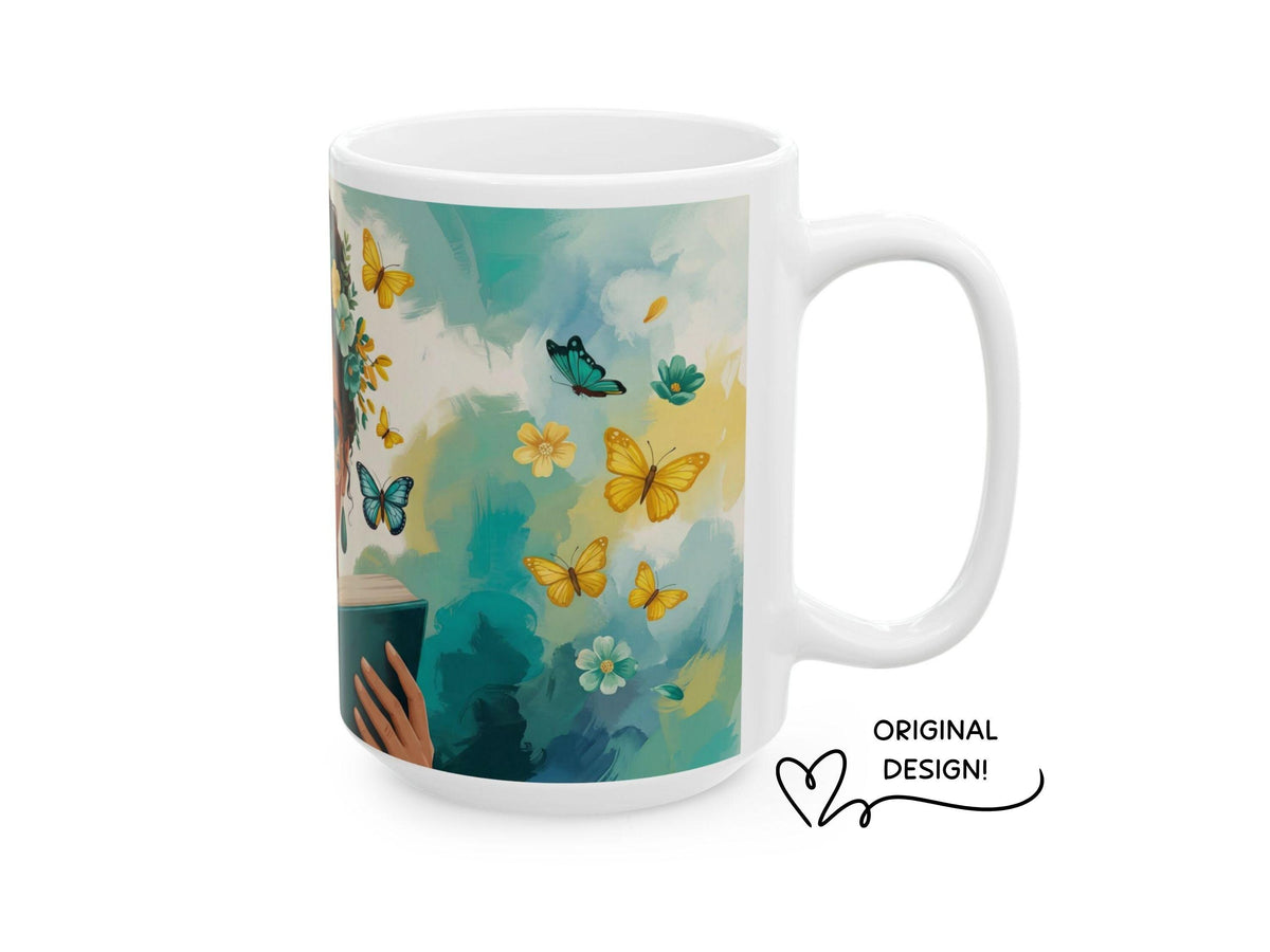 Travel Lover Mug, Bookish Gift for Student, Reader Mug, Wanderlust Gift, Book Lover Coffee Mug, Butterfly Reader Art Cup