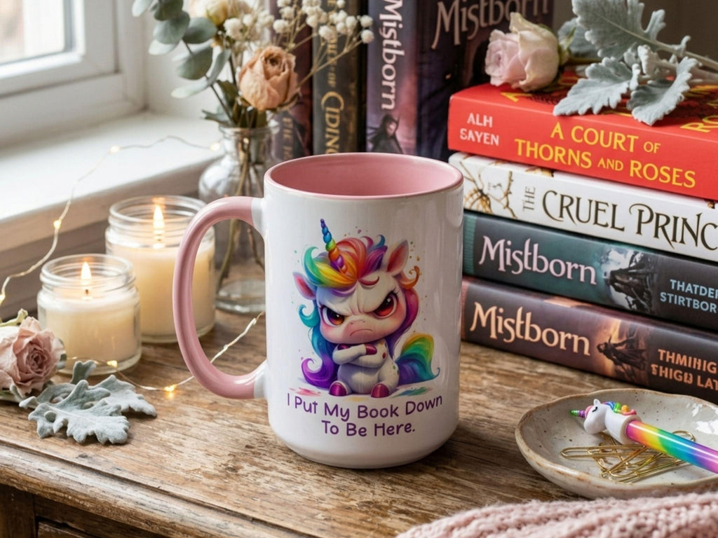 Funny Book Lover Gift, Grumpy Unicorn Mug, I Put My Book Down To Be Here, Cute Reader Mug