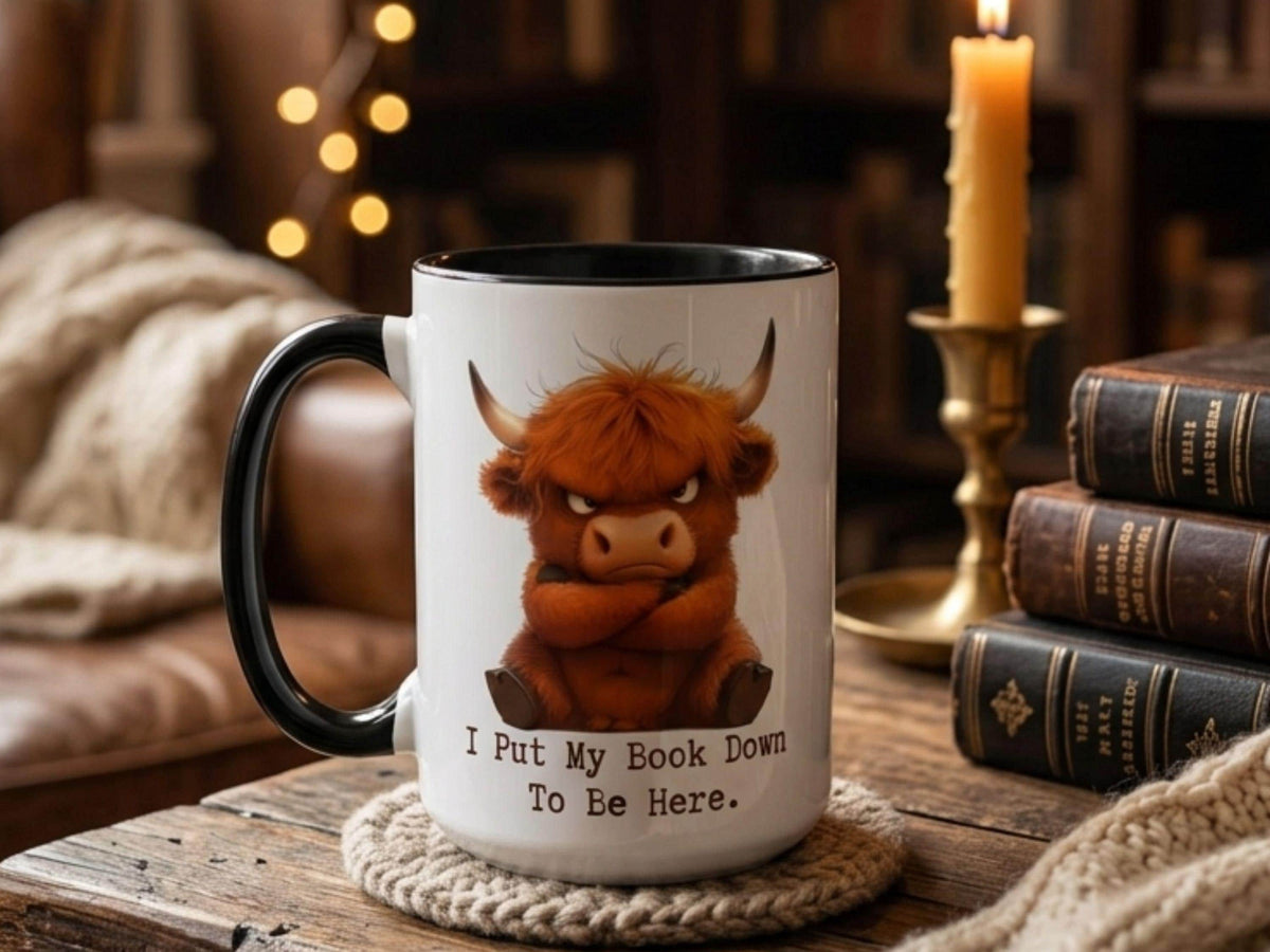 Grumpy Highland Cow Mug, Funny Book Lover Gift