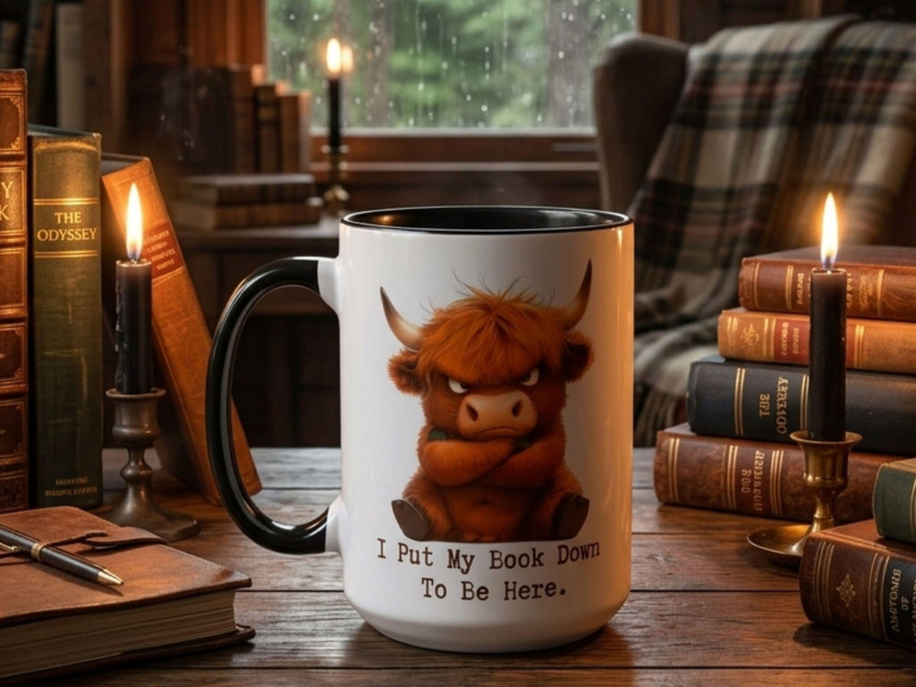 Grumpy Highland Cow Mug, Funny Book Lover Gift