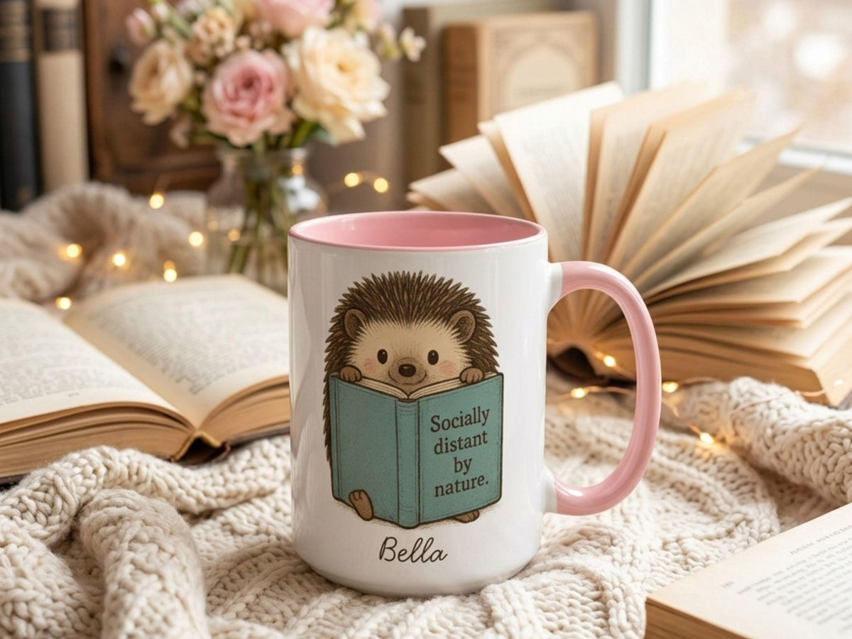 Personalized Hedgehog Mug, Book Lover Gift, Introvert Coffee Cup