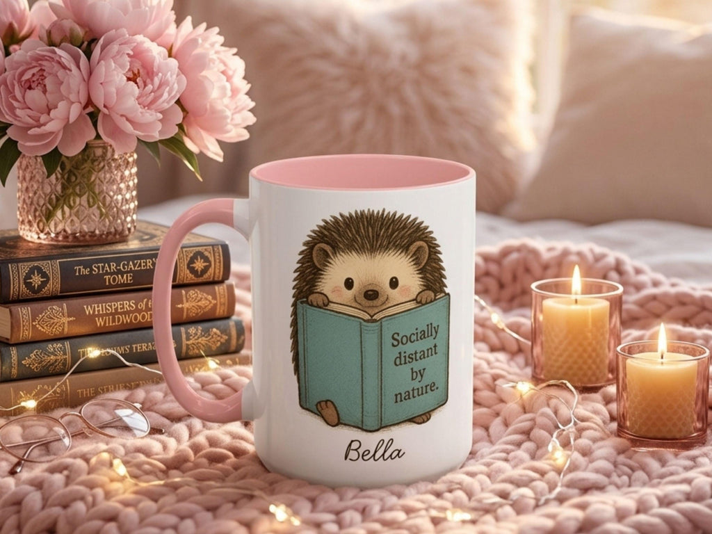 Personalized Hedgehog Mug, Book Lover Gift, Introvert Coffee Cup