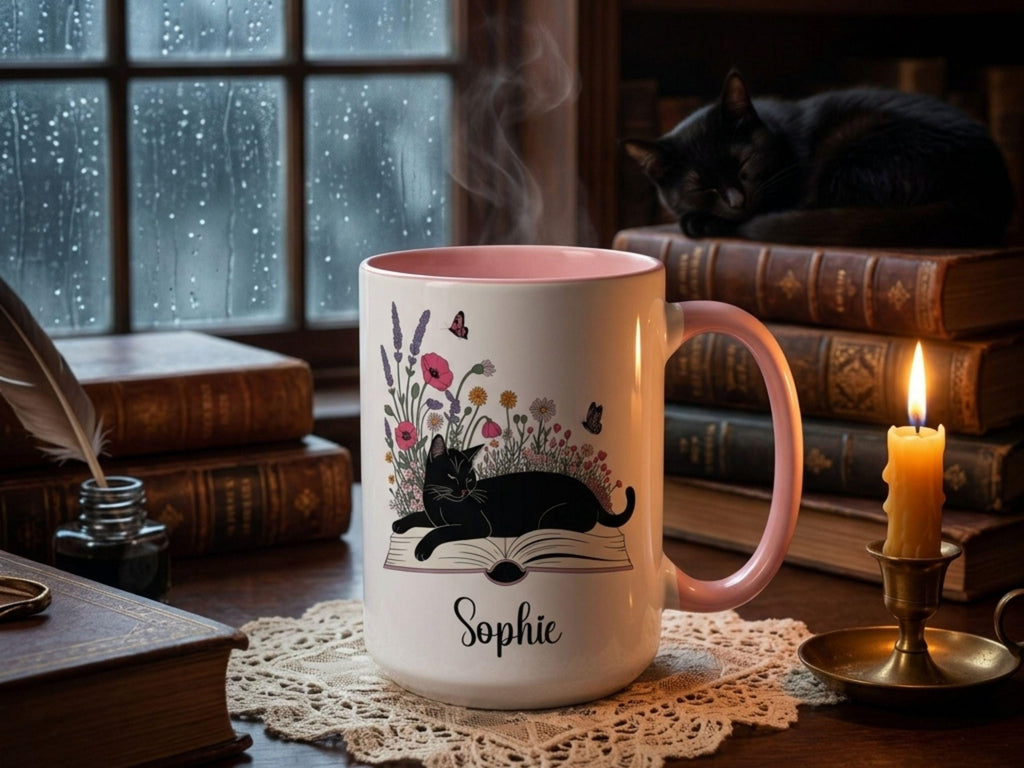 Personalized Black Cat Mug, Bookish Floral Coffee Cup