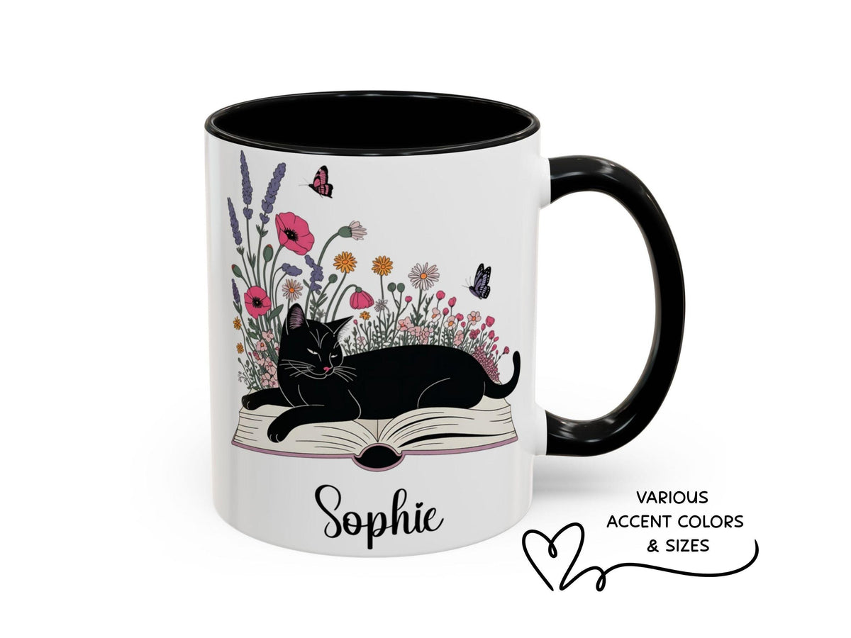 Personalized Black Cat Mug, Bookish Floral Coffee Cup