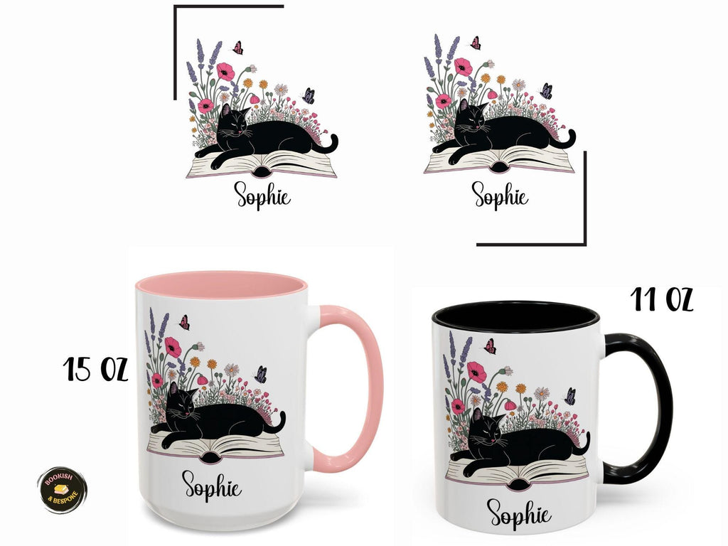 Personalized Black Cat Mug, Bookish Floral Coffee Cup