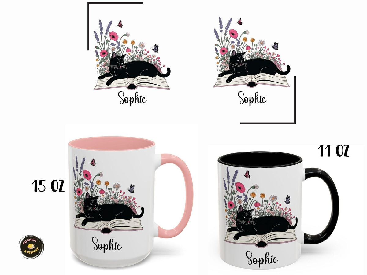 Personalized Black Cat Mug, Bookish Floral Coffee Cup