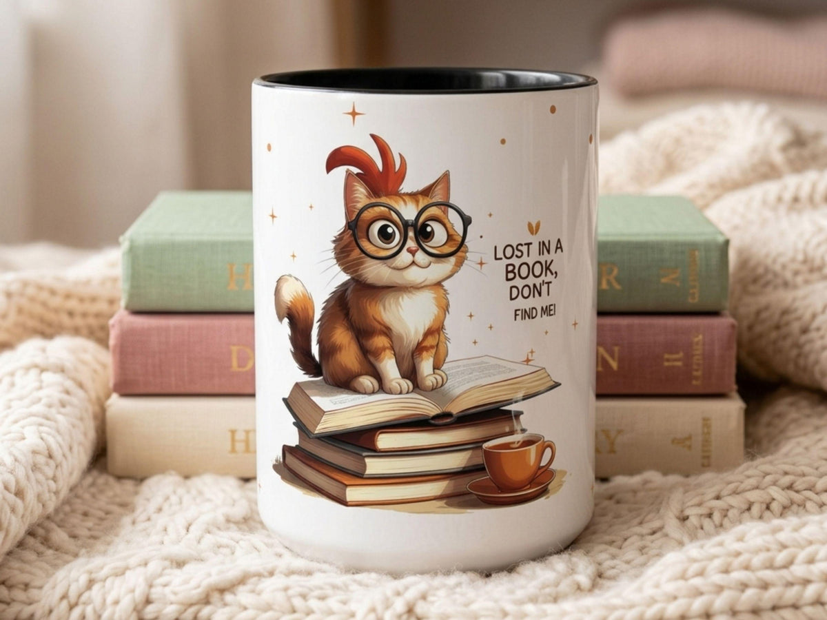 Cute Book Lover Cat Mug Gift, Reading Cat Coffee Cup, Cozy Reader Gift Idea
