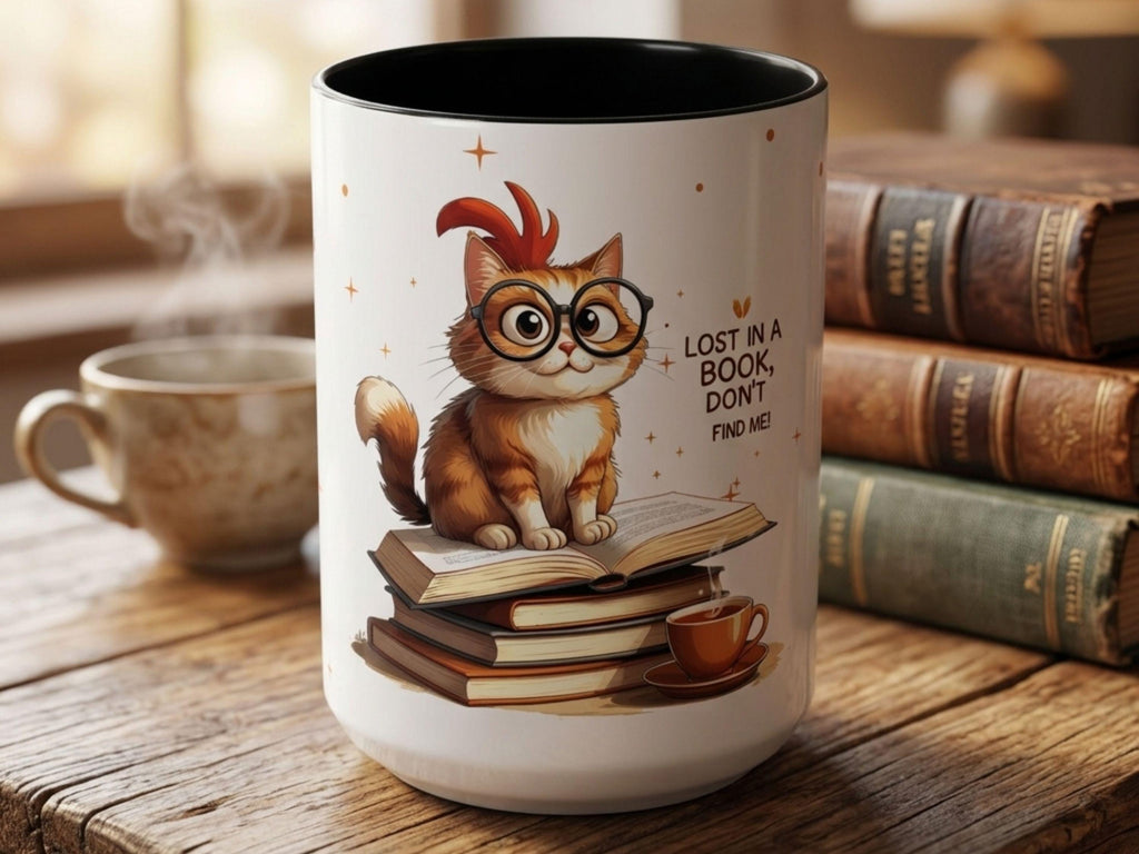 Cute Book Lover Cat Mug Gift, Reading Cat Coffee Cup, Cozy Reader Gift Idea