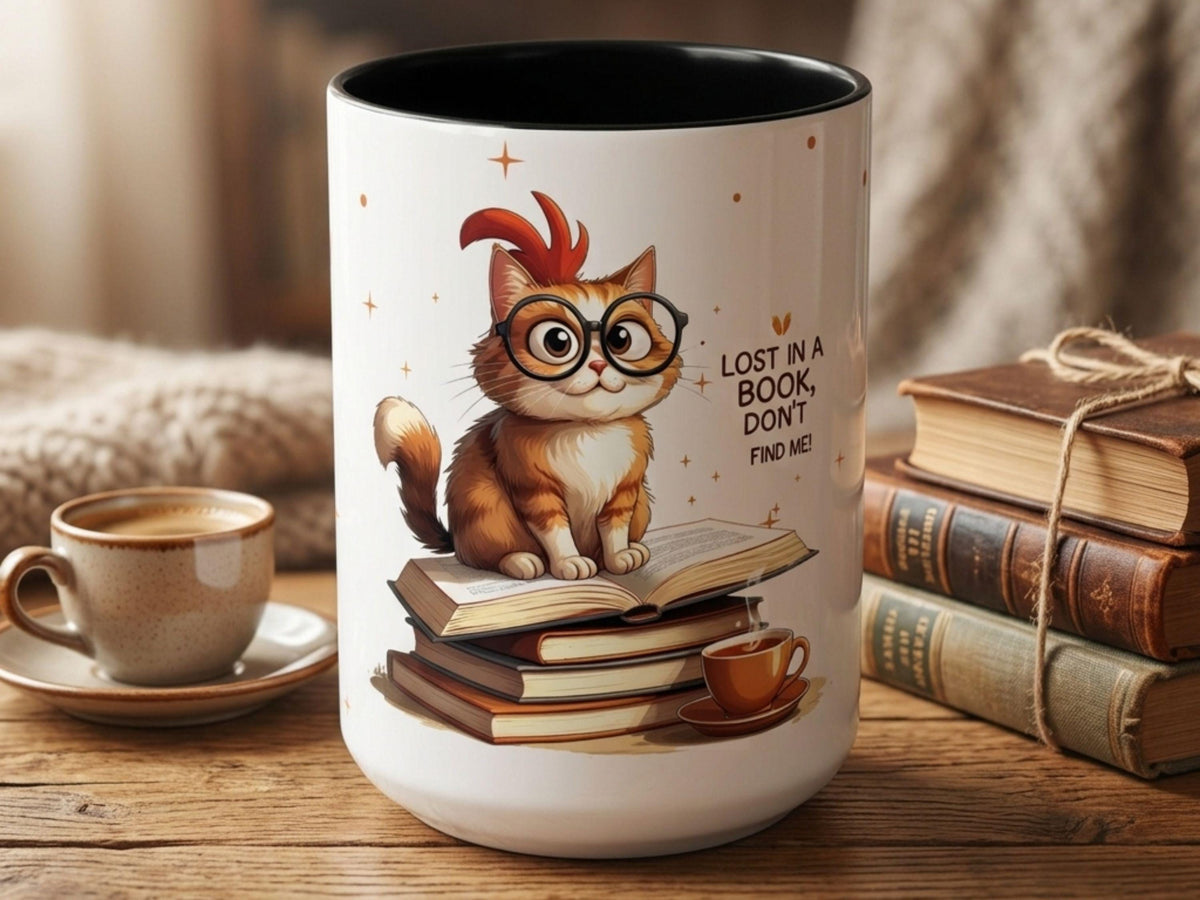 Cute Book Lover Cat Mug Gift, Reading Cat Coffee Cup, Cozy Reader Gift Idea