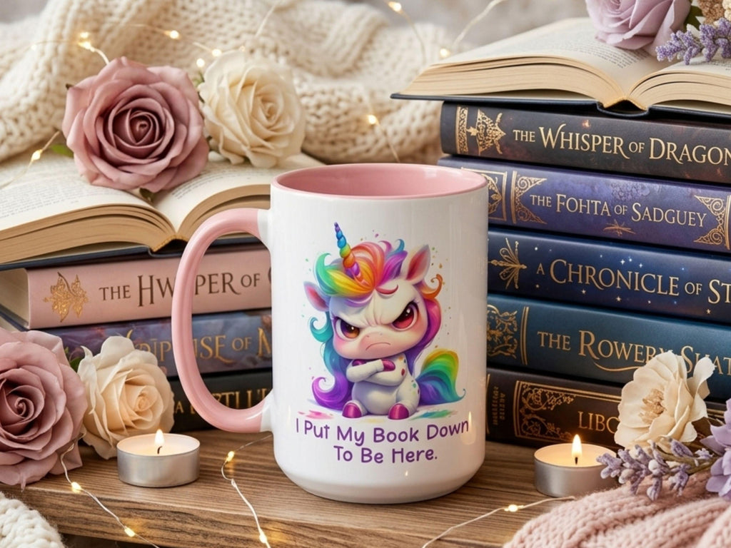 Funny Book Lover Gift, Grumpy Unicorn Mug, I Put My Book Down To Be Here, Cute Reader Mug