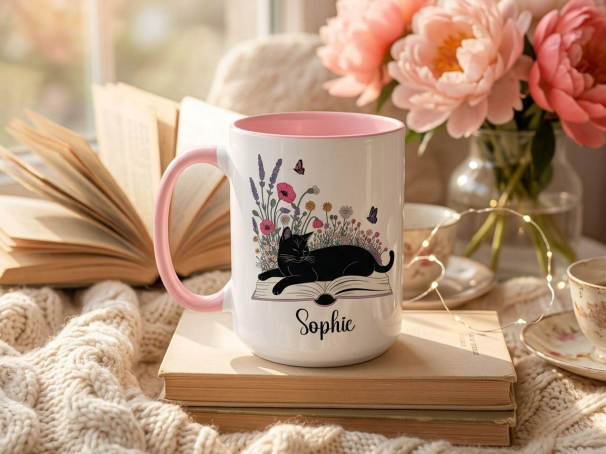 Personalized Black Cat Mug, Bookish Floral Coffee Cup