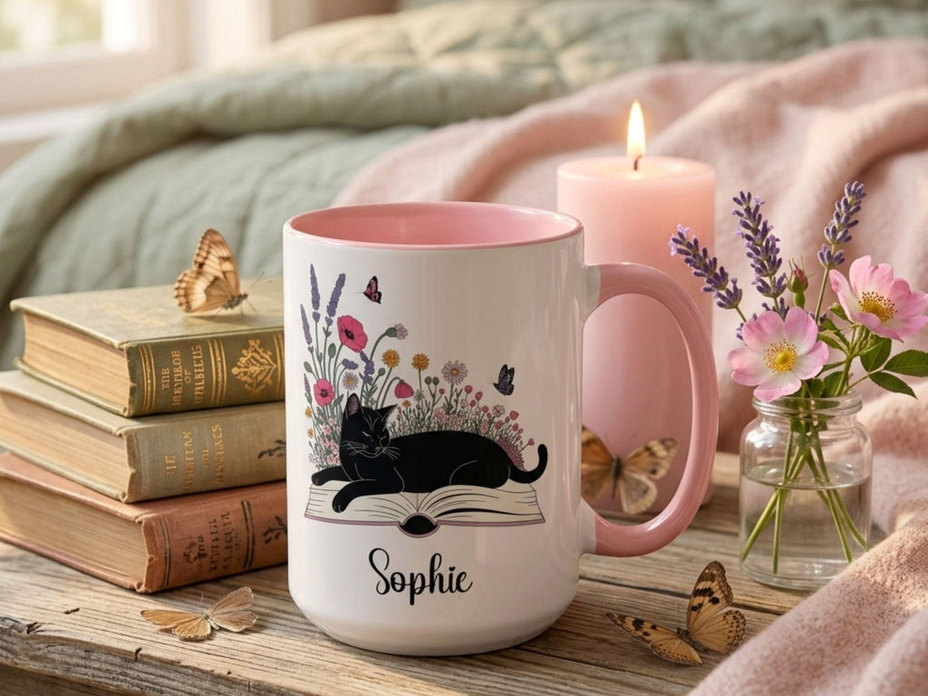 Personalized Black Cat Mug, Bookish Floral Coffee Cup