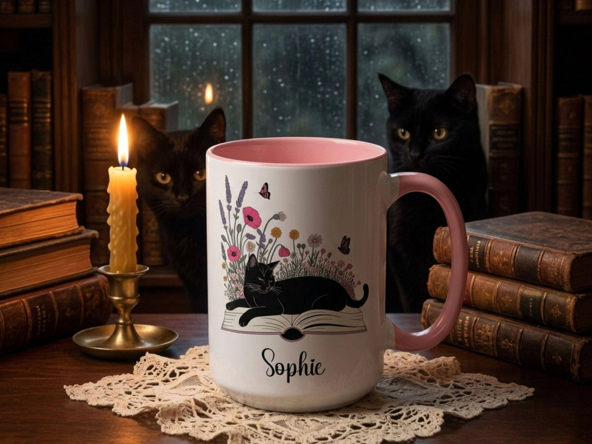 Personalized Black Cat Mug, Bookish Floral Coffee Cup