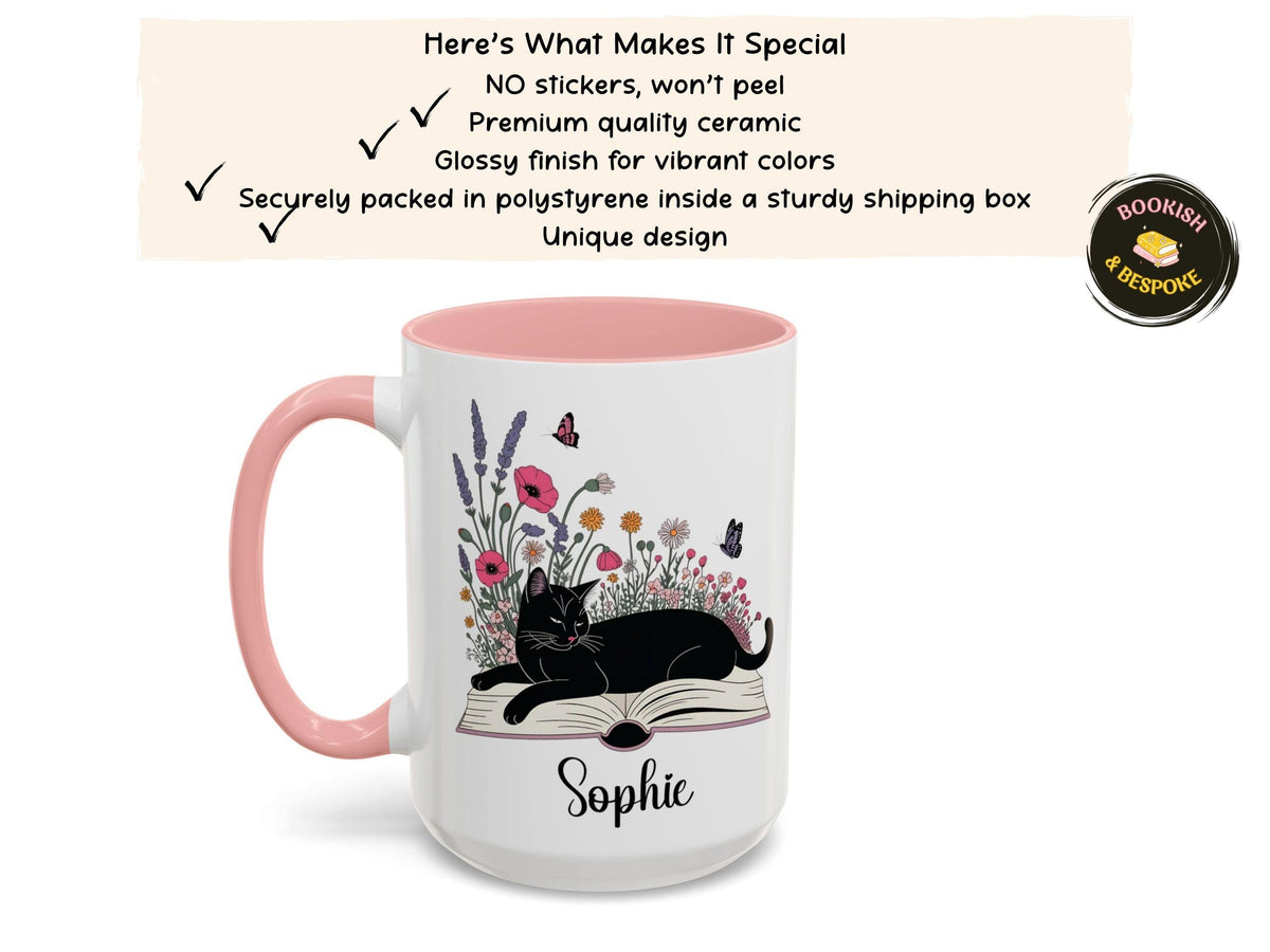 Personalized Black Cat Mug, Bookish Floral Coffee Cup