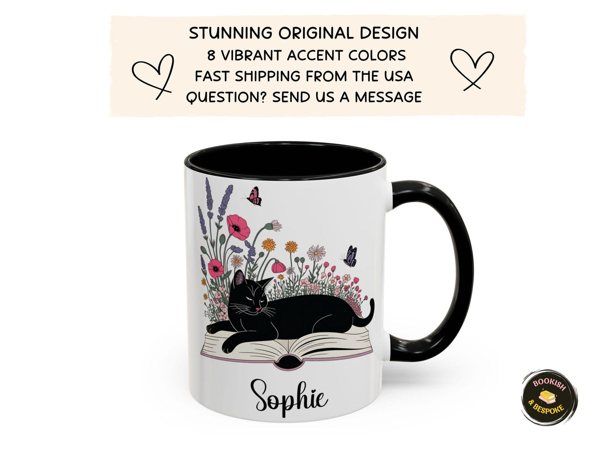 Personalized Black Cat Mug, Bookish Floral Coffee Cup