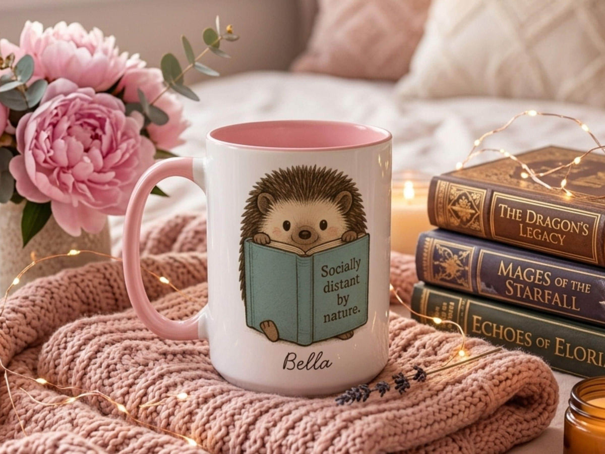 Personalized Hedgehog Mug, Book Lover Gift, Introvert Coffee Cup