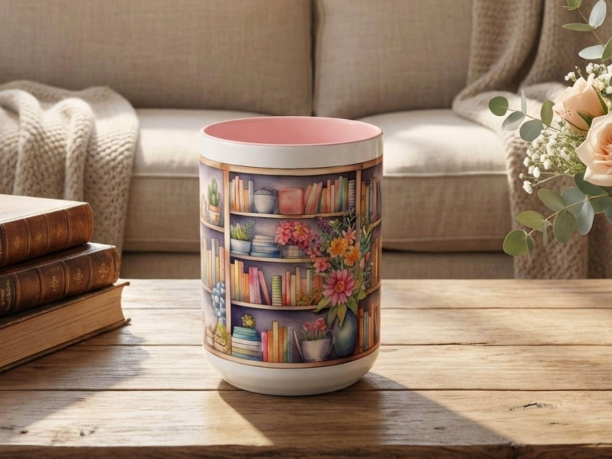Bookshelf Mug Gift for Book Lover, Floral Cozy Reader Cup