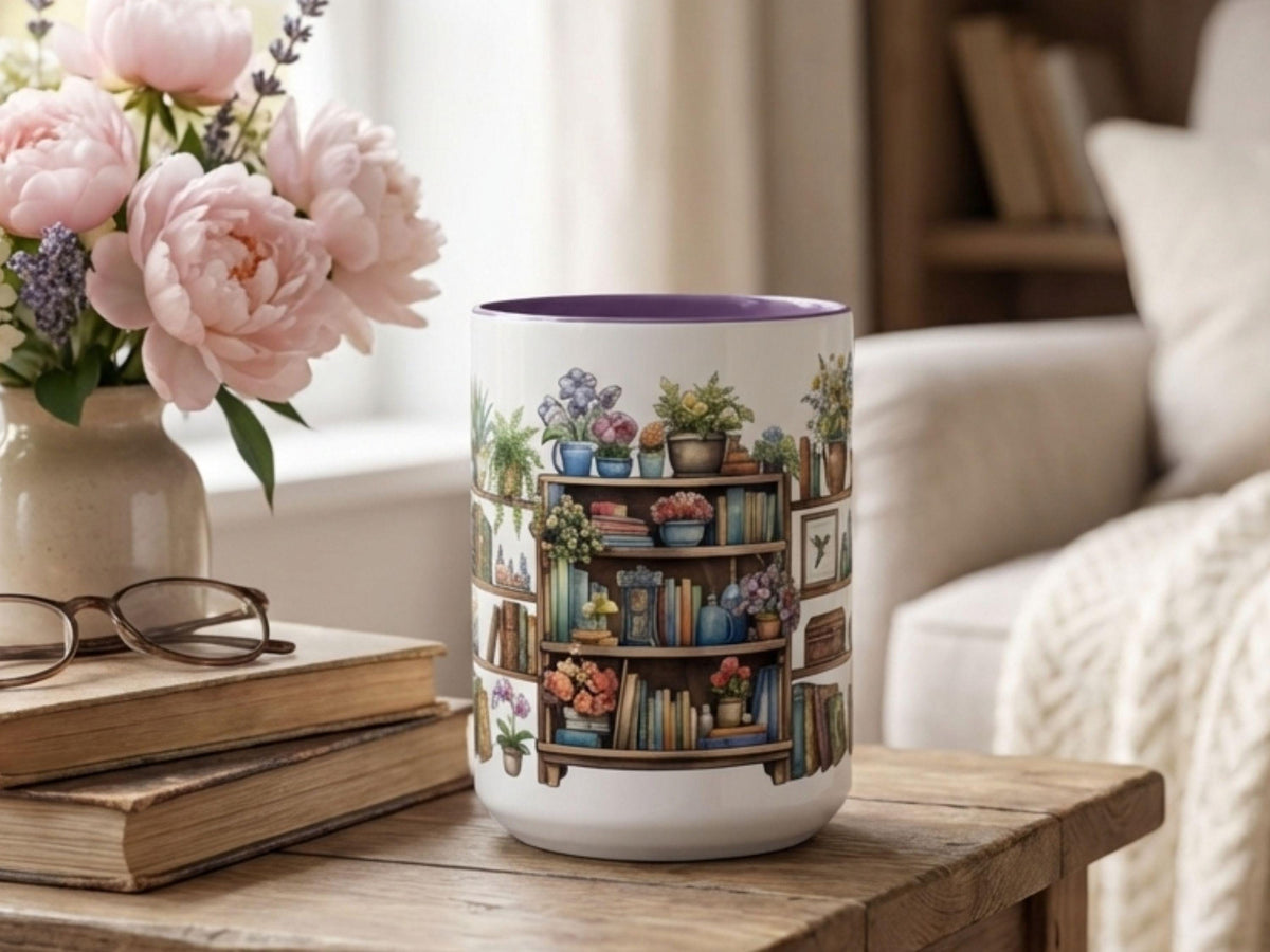 Watercolor Bookshelf Mug, Book Lover Gift Mug