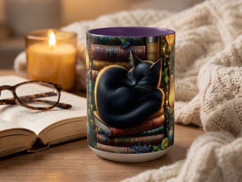 Black Cat Sleeping on Books Mug, Cozy Library Art, Dark Academia Drinkware