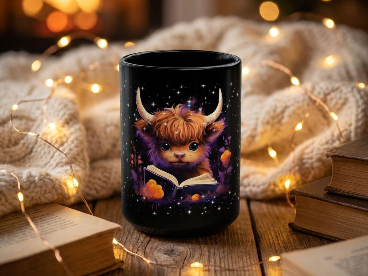 Highland Cow Reading Book Mug, Cozy Fantasy Reader Gift