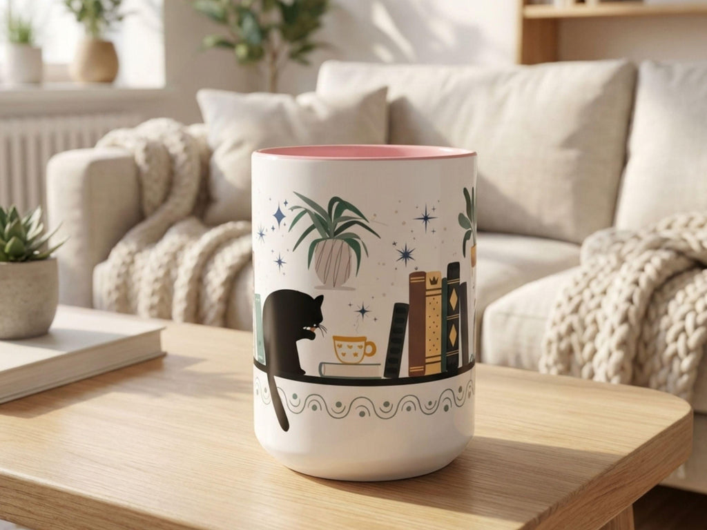 Bookish Cat Wrapped Mug for Readers, Cozy Bookshelf Design, Gift for Book Lovers